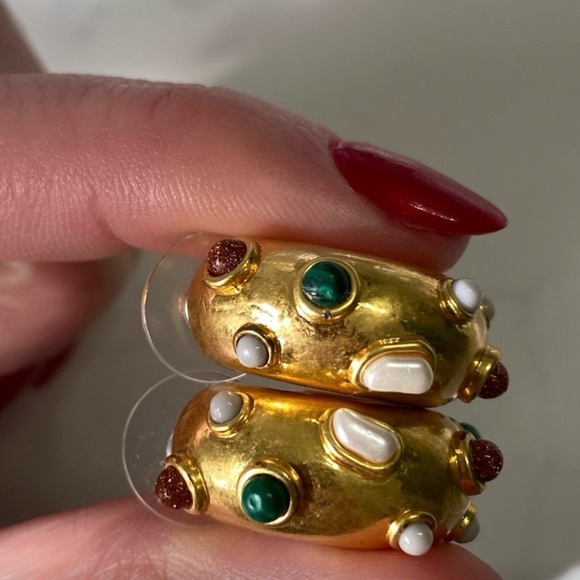 J. Crew Gold Hoop Earrings with Green and Red Gems - Picture 3 of 4